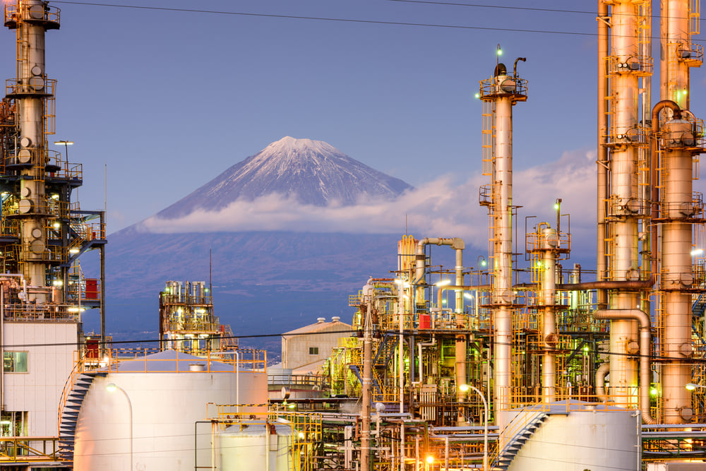 Mt. Fuji, Japan viewed from behind factories.-1